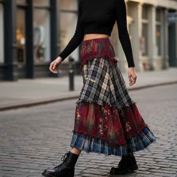$695 R13 distressed plaid maxi skirt S - Picture 2 of 12
